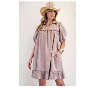 Easel Western Ruffle Washed Chambray Mini Dress in Dusty Rose sz M